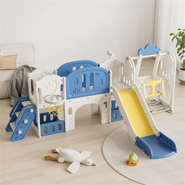 slide 2 of 16, Toddler Kids Slide Playground for Age 1-4 with Basketball Hoop, Swing Blue/Yellow