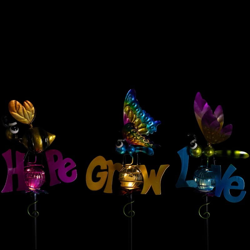 Solar Lighted Grow, Love and Hope Outdoor Garden Stakes - 35" - Set of 3 - Multi