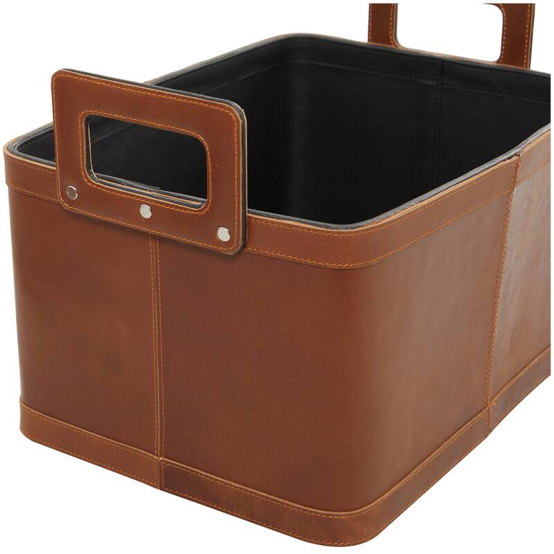 Sleek Leather Modern Storage Basket with Handles (Set of 2) - Dark Blue or Brown