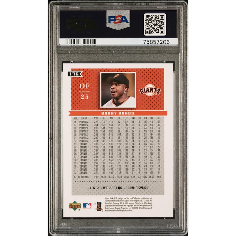Barry Bonds 2003 Upper Deck MVP Baseball Card #176 Graded PSA 10 - 8'6" x 11'6"