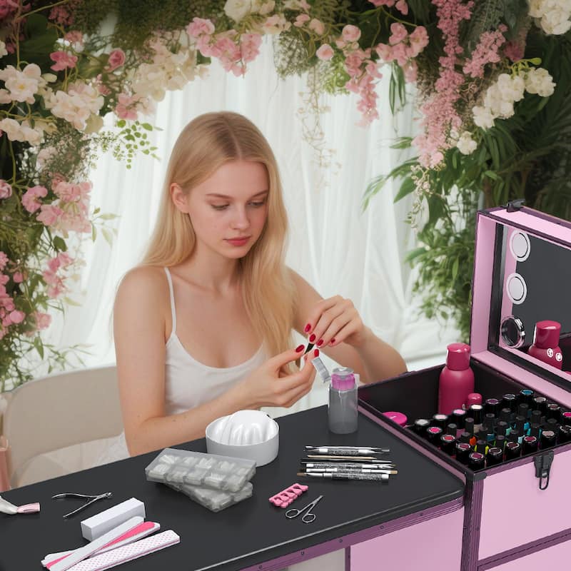 Roomfitters Portable Nail Table with LED Mirror, Lockable Drawers and Bluetooth, Folding Manicure Station on Wheels, Black