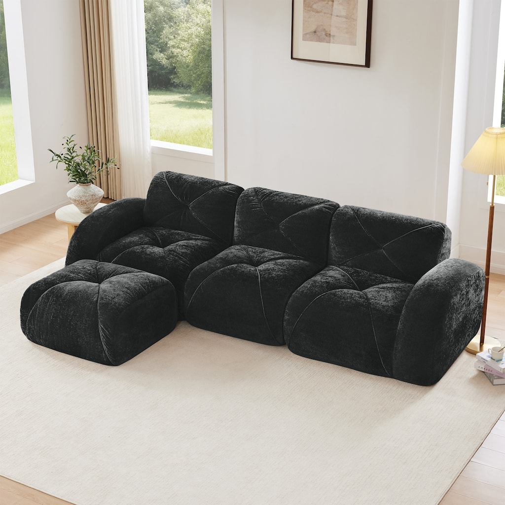 GDFStudio - Velvet 3-Seater 110.6" L-Shaped Sofa with 32D Sponge & Movable Ottoman