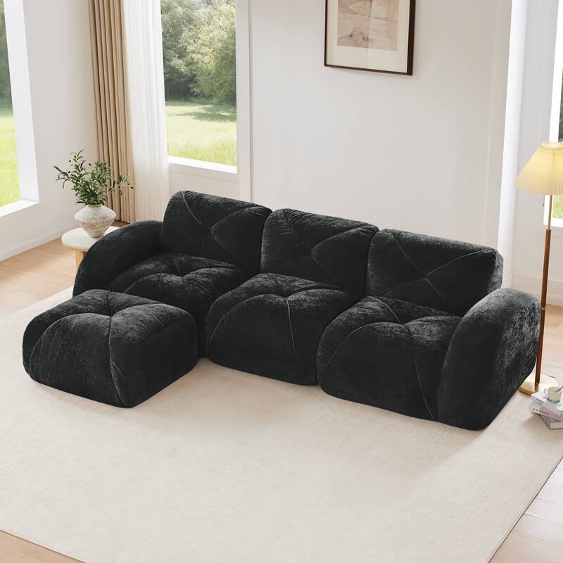 Rossetta 110'' 3-Seater L-Shaped Anti-Slip Design Retro Classic Color Velvet Tufted Modular Boneless Sofa with 1 Movable Ottoman