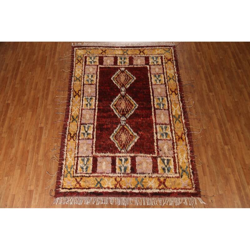 Hand Knotted Oriental 100% Wool Carpet Modern Tribal Red Moroccan Area Rug - 9' 7'' X 6' 8''
