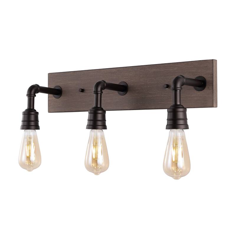 Billy 22.13" 3-Light Rustic Farmhouse Iron LED Vanity, Oil Rubbed Bronze/Brown Wood Finish by JONATHAN Y