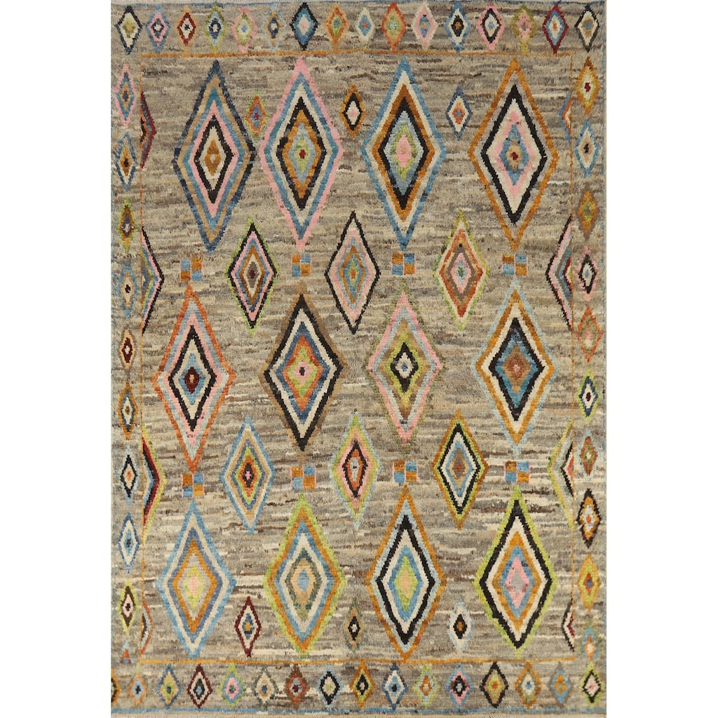 Multi-Color Geometric Moroccan Oriental Rug Hand-Knotted Wool Carpet - 7'0" x 9'7"