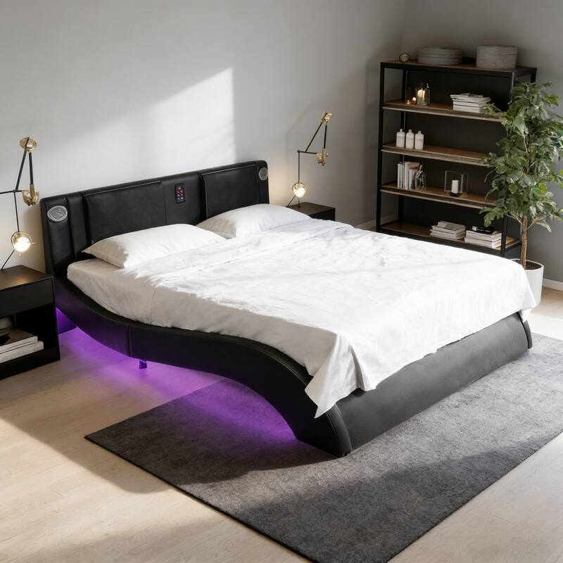 Queen Faux Leather Upholstered Platform Bed Frame with LED lighting, Bluetooth connection to play music control
