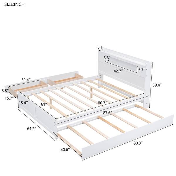 dimension image slide 1 of 2, Queen Size Wood Storage Platform Kids Bed Frame with LED Headboard, Twin Size Trundle, and 2-Drawers, Easy to Assemble, White