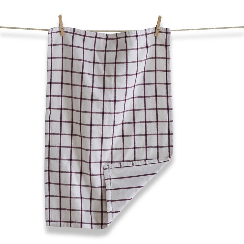 Classic Reversible Double Cloth Plum Purple Windowpane Cotton Machine Washable Kitchen Dishtowel 26L x 18W in.