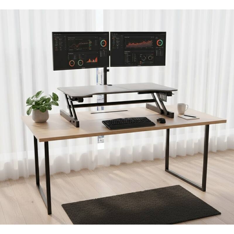 Rocelco 37.5 in. W Gray Height Adjustable Standing Desk Converter with Dual Monitor Mount and Double Screen Riser Platform