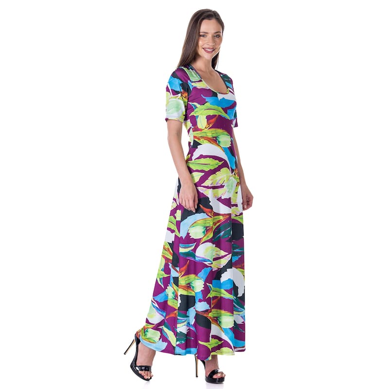 24seven Comfort Apparel Womens Multicolor Floral Print Elbow Sleeve Casual A Line Maxi Dress
