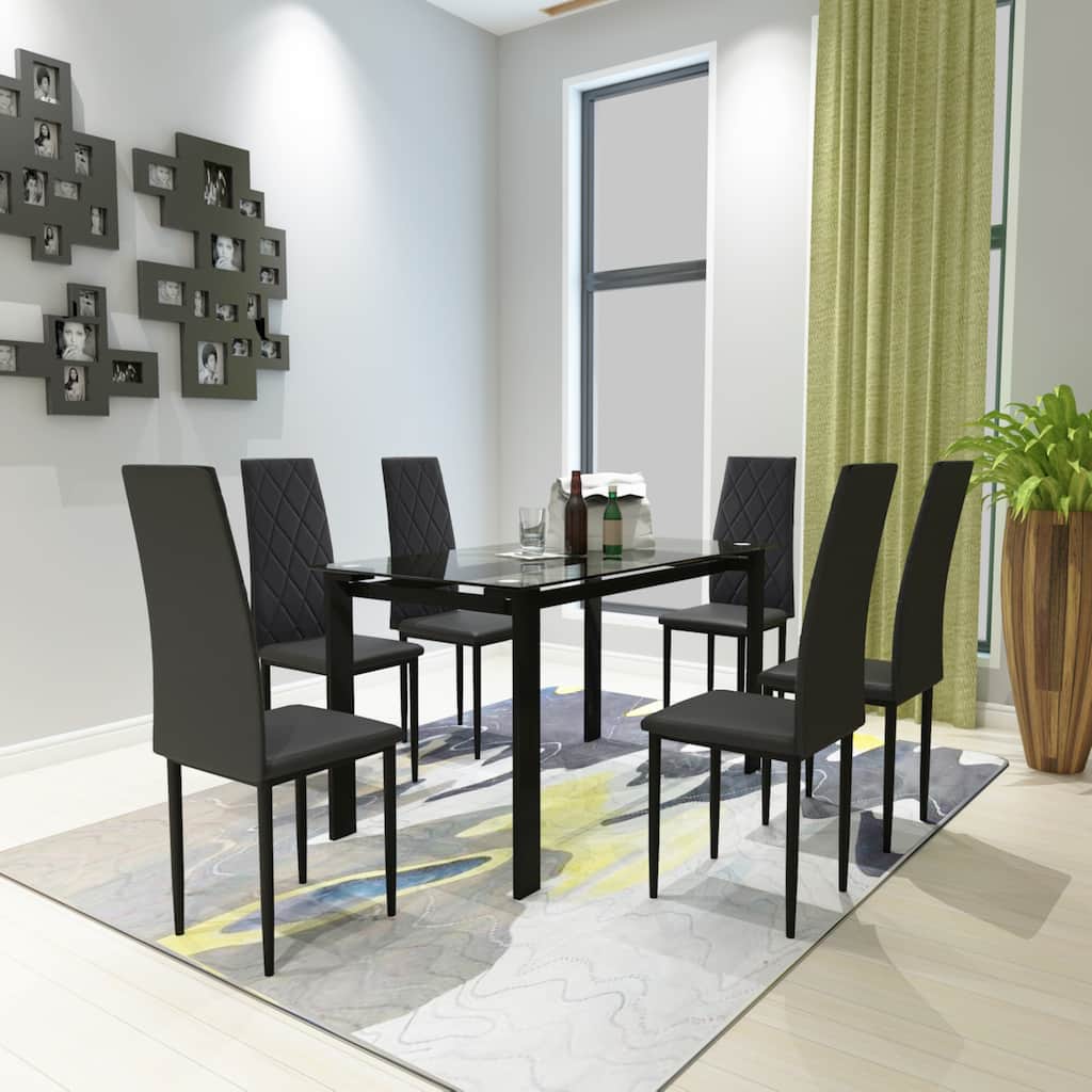 Modern Style Dining Set with Rectangular Table and High Back Grid Upholstered Dining Chairs