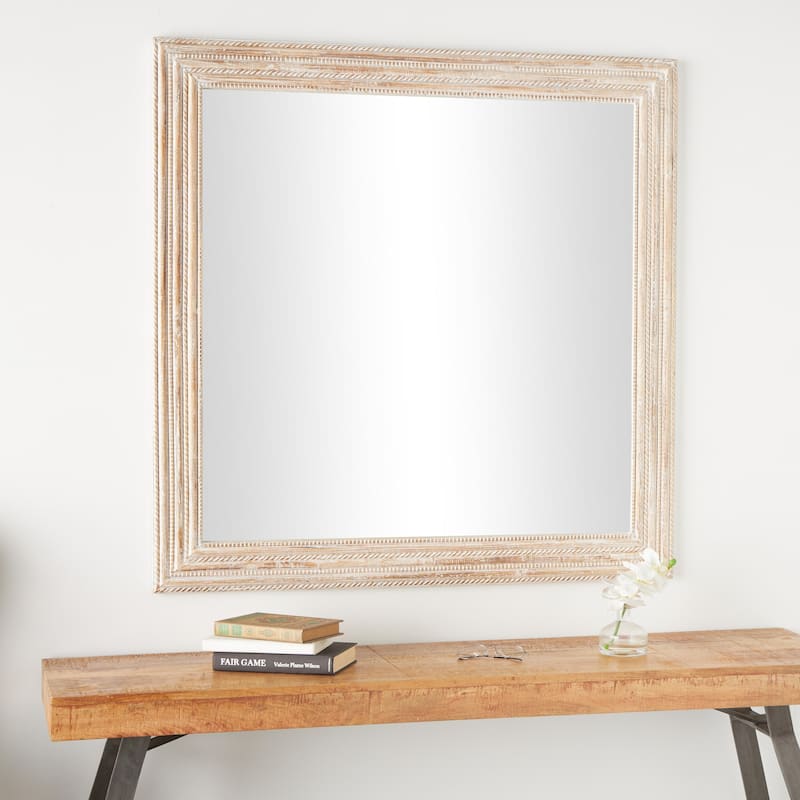 Mango Wood Handmade Room Wall Mirror with Ribbed Edged Frame - Cream - Roche River Decor
