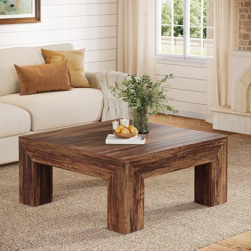 39.37-Inch Farmhouse Square Coffee Table for Living Room, Low Large Center Tea Accent Table - Dark Brown