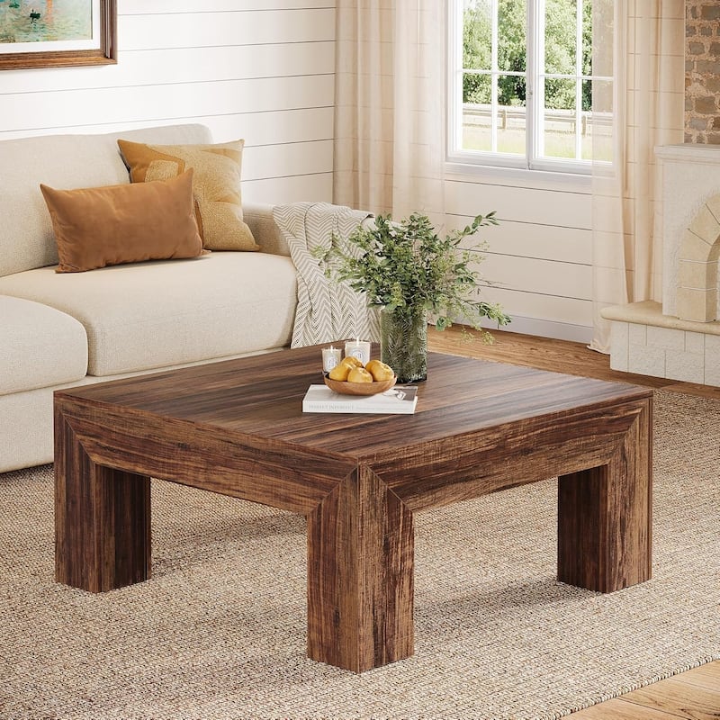Farmhouse Square Coffee Table for Living Room, 39.37-Inch Low Large Center Tea Accent Table