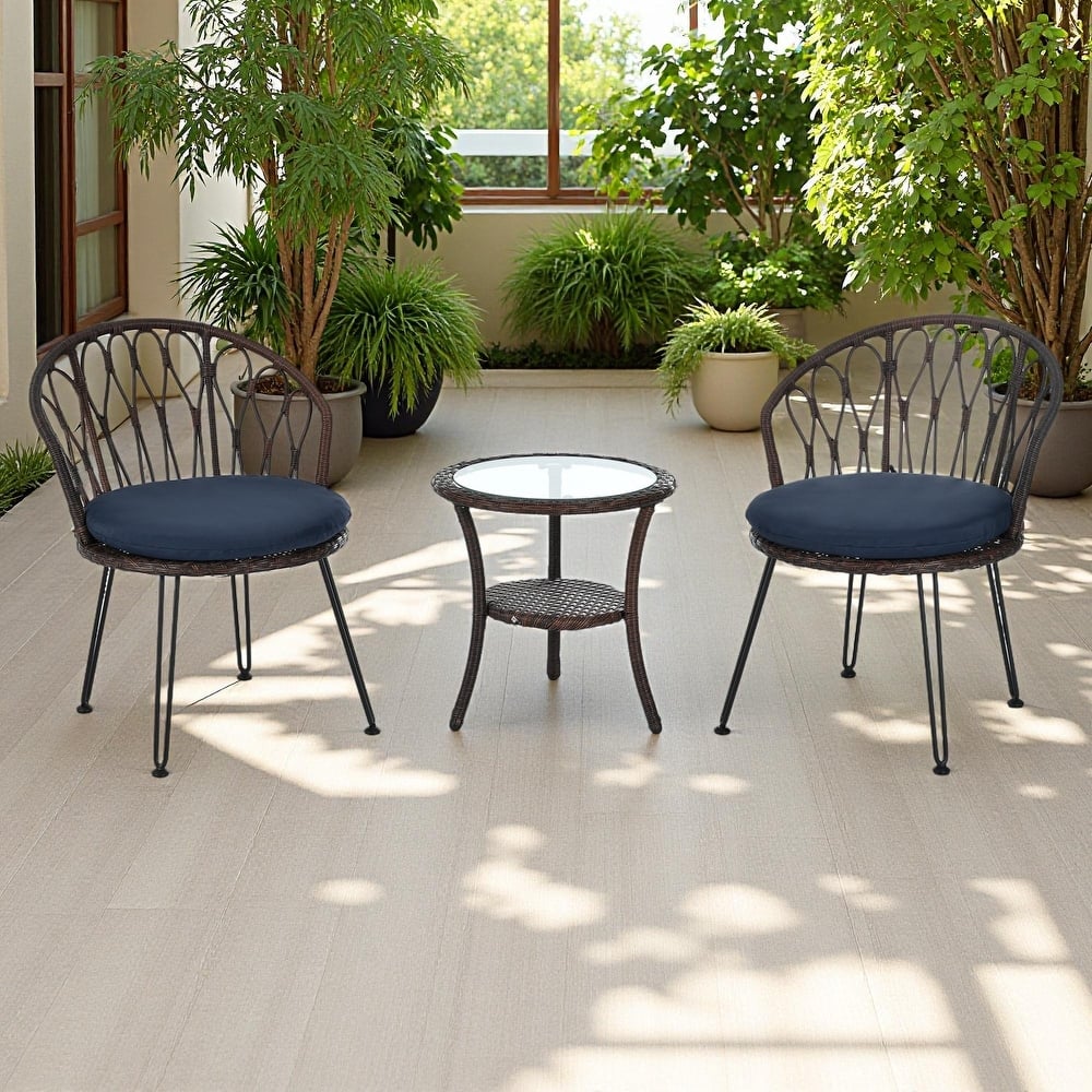 3-Piece Outdoor Patio Rattan Conversation Leisure Chairs Set with 2 Chair and Glass Coffee Table