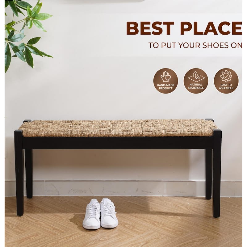 M4H Shambles Acacia Solid Wood Seagrass Woven Entryway Bench