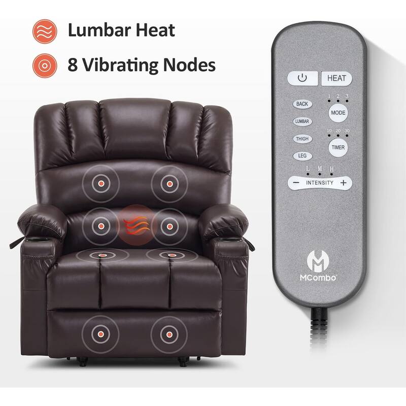 MCombo Large Power Lift Recliner Chair with Massage and Heat, Cup Holders, Side Pockets, Faux Leather R7092 (Large-Wide)