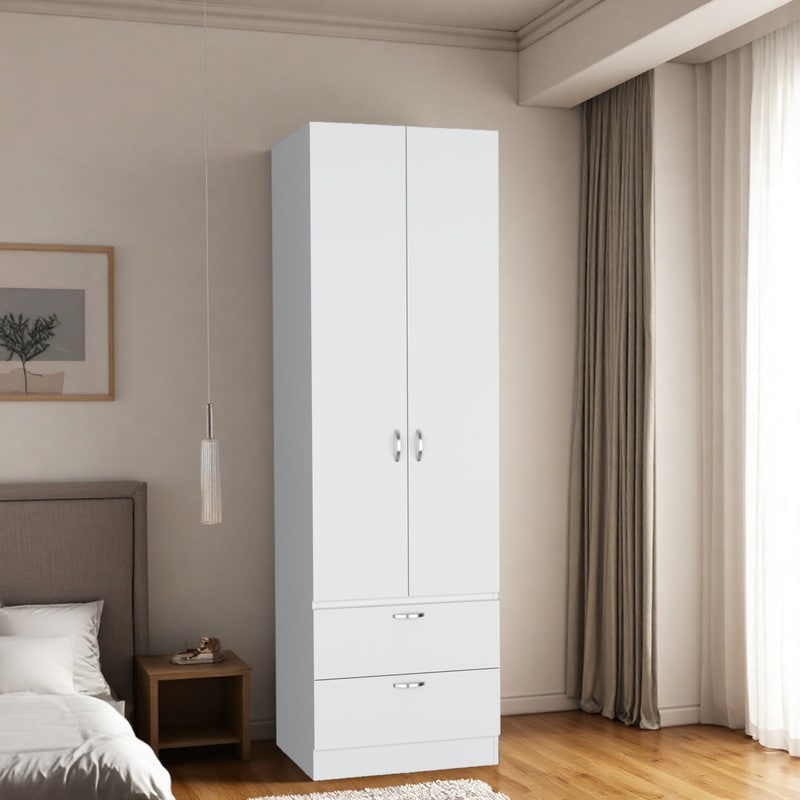 76" H Modern Freestanding Armoire with 2 Doors, Metal Hanging Rod, 2 Drawers and 1 Shelf for Bedroom, Living Room