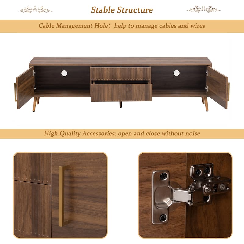 Mid Century 71" TV Stand for 80 Inch TVs, Media Console Table with 2 Drawers and Cabinets, Walnut Entertainment Center