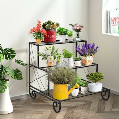 Outdoor Plant Shelf 3 Tier Steel Flower Stand for Patio - 29" x 26" x 28"