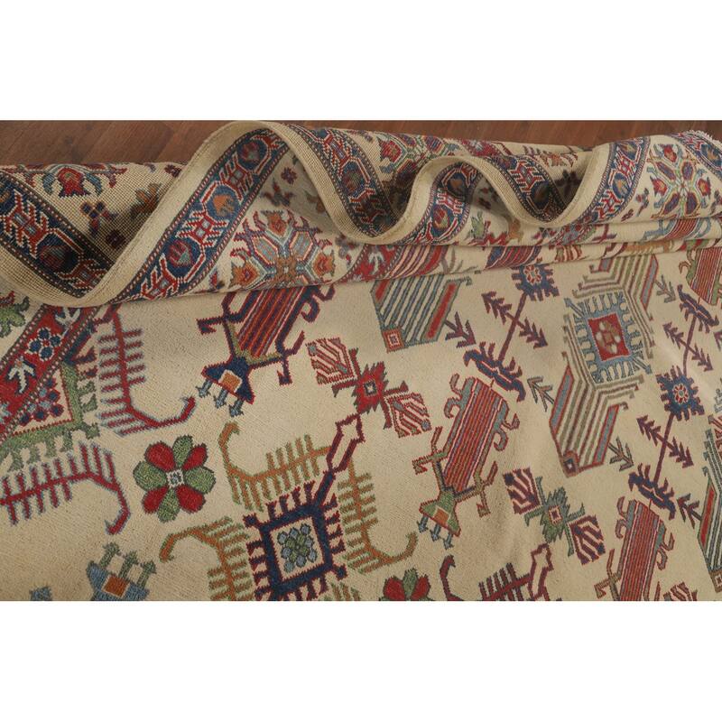 Geometric Beige Kazak Oriental Area Rug Hand-Knotted Wool Carpet - 8'2"x 9'9"