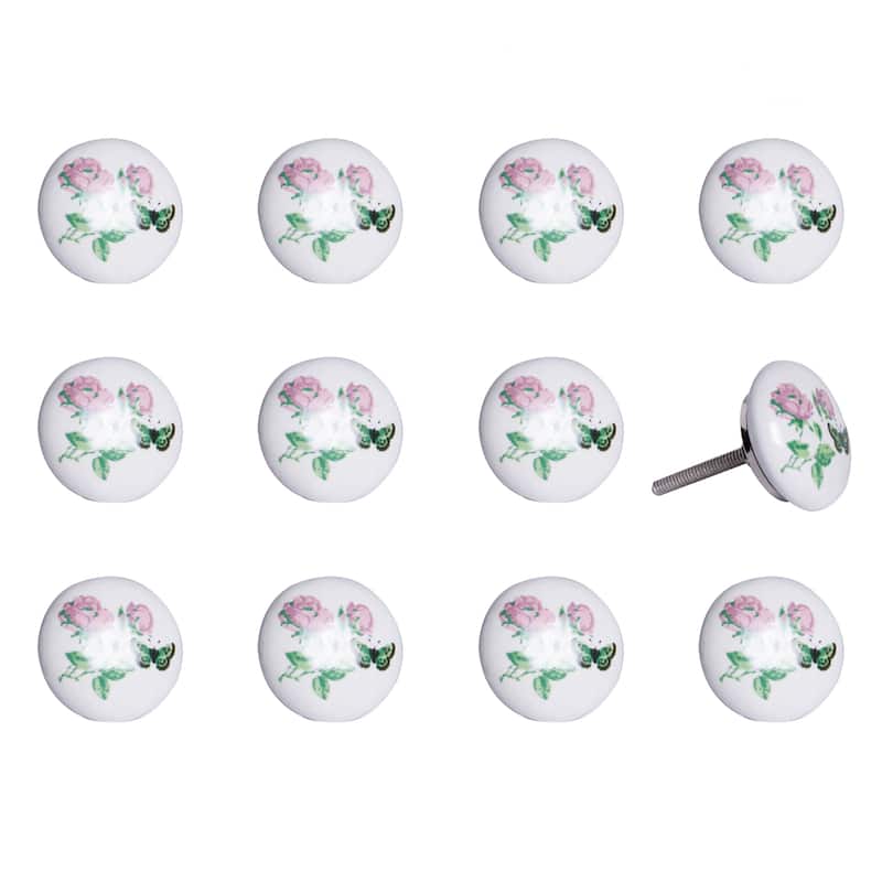 HomeRoots Set of Twelve Pink White And Green Floral Ceramic Drawer Pull Knobs - 1.5" x 1.5" x 1.5"