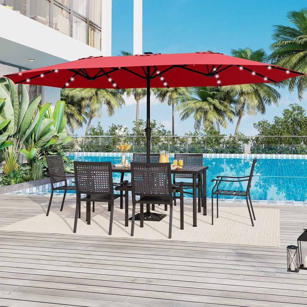 15-foot Rectangular Crank Double-sided Outdoor Market Umbrella Solar LED Lighted Patio Umbrella with Base Included