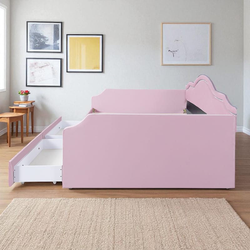 Twin/Full Size Upholstered Daybed with LED Lights, 2 Storage Drawers, Velvet Frame, No Box Spring Required