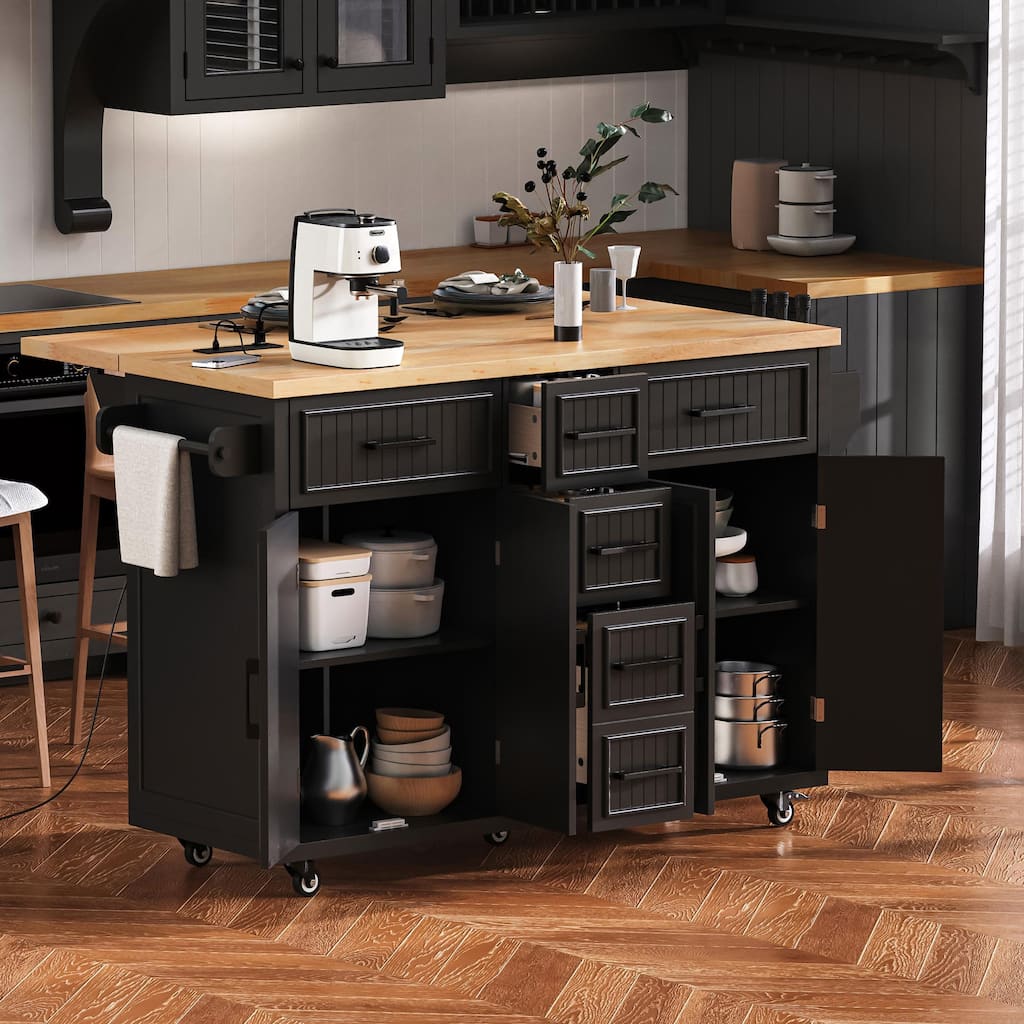 56.5"Kitchen Island with Drop Leaf, Power Outlet, Rolling Kitchen Cart on Wheels with 4 Doors, 5 Drawers and Adjustable Shelves