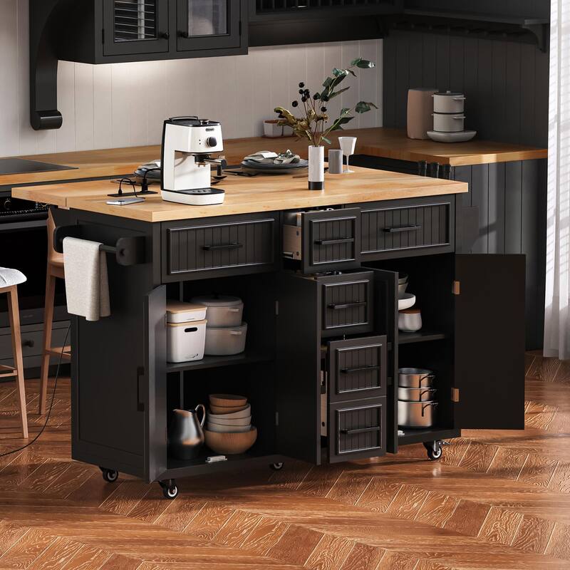Modern Kitchen Island with Folding Board, 5 Drawers, Power Socket, Spice Rack and Towel Rack, for Kitchen - Black