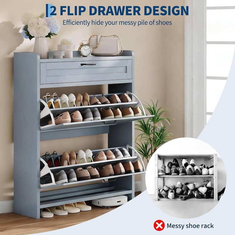 Freestanding Shoe Storage Cabinet Organizer with 2 Flip Drawers for Entryway Hallway Living Room