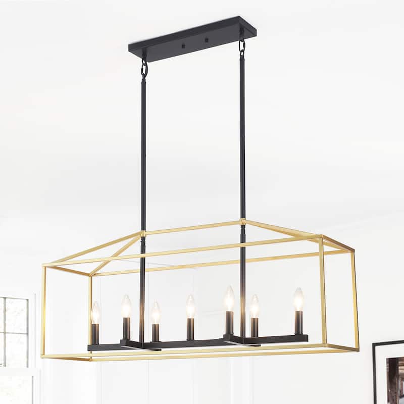 37.79" Wide 7-Light Traditional Farmhouse Rectangle Chandelier, Semi Flush Mount Chandelier, Kitchen Island Chandelier - Black and Spray Gold