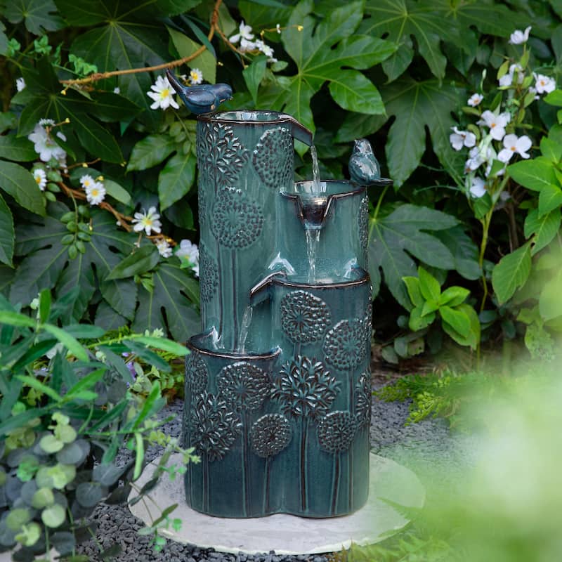 Glitzhome 27" H 4-Tier LED Ceramic Outdoor Floor Fountain with Birds, Cobalt Blue Turquoise Dandelion Texture Vase-Shaped