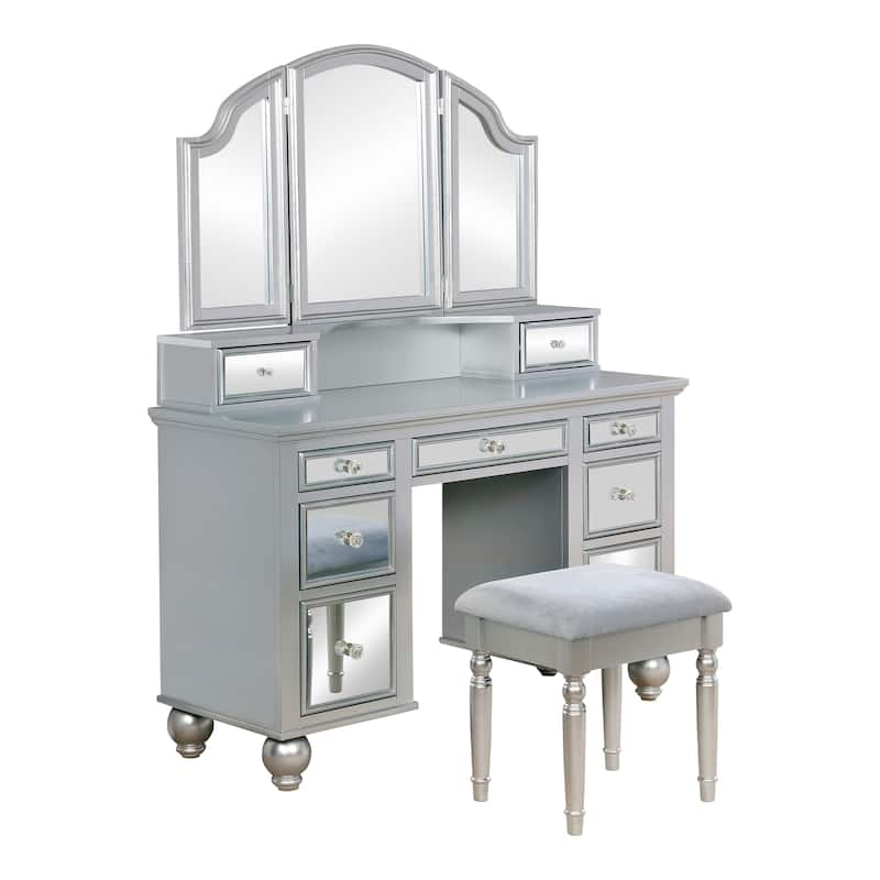 Furniture of America Nena Glam Wood 3-Piece Makeup Vanity Set with Tri-fold Mirror