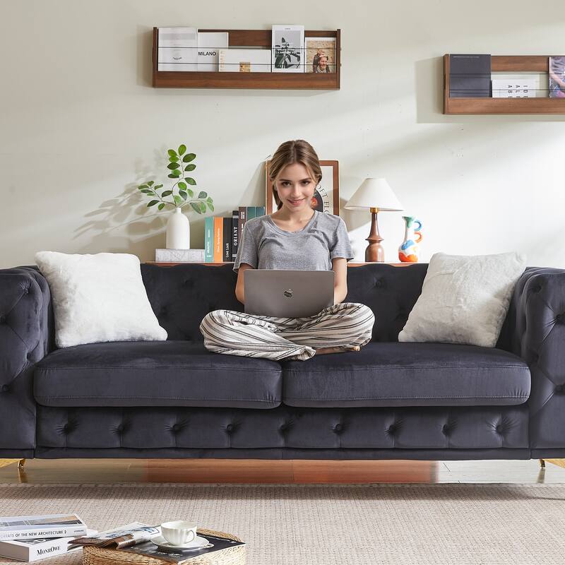 Velvet Upholstered 3 Seater Sofa, Chesterfield Tufted Button Sofa, Lounge Sofa Chair with 2 Pillows & Metal Legs