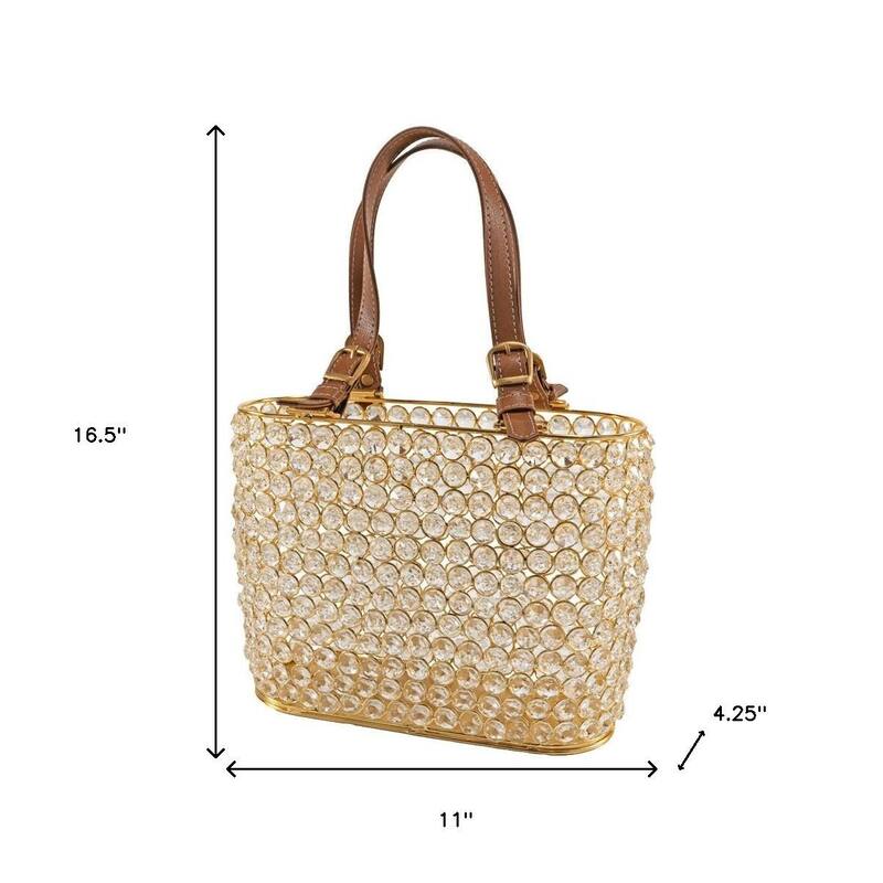 HomeRoots 11" Clear And Gold Faux Crystal And Metal Handbag Shaped Magazine Holder - Product