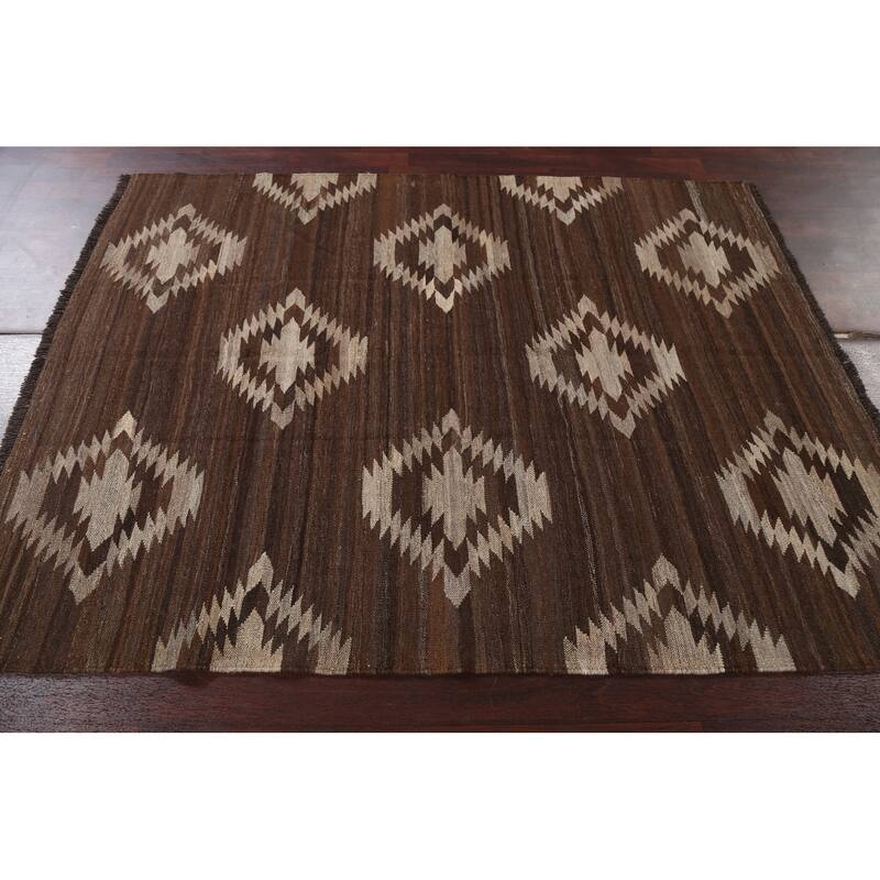 Natural Dye Geometric Tribal Kilim Oriental Area Rug Wool Hand-woven - 5'3" x 6'8"