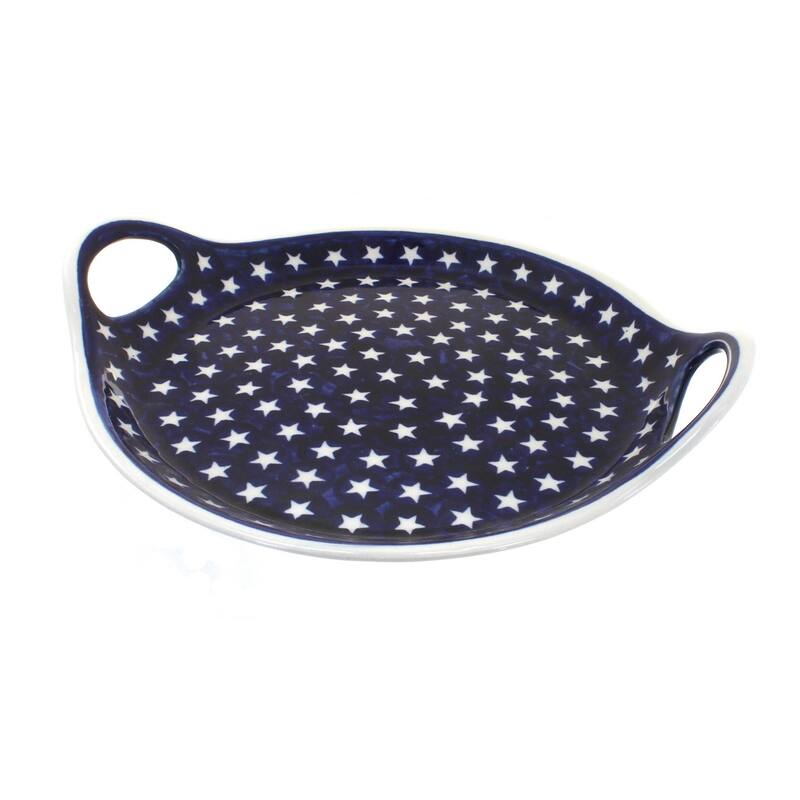 Blue Rose Polish Pottery 1333 Zaklady Round Serving Tray with Handles - Stars