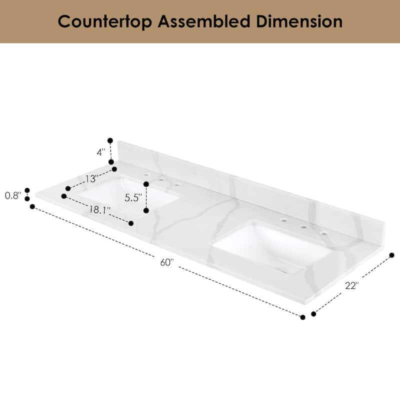 Altair Arbios Calacatta White Quartz Stone Vanity Top in 8 in.Widespread Faucet Hole Without Cabinet - 60 inches