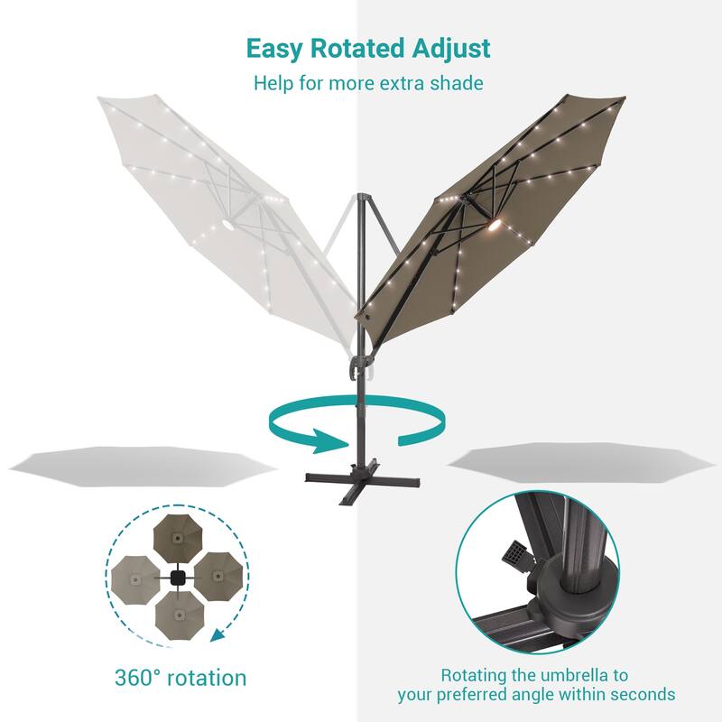 BONOSUKI LED 10FT Patio Cantilever 360 Roration Offset Umbrella