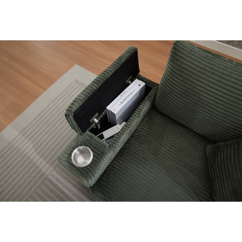 Corduroy Upholstered Chaise Lounge with Movable Ottoman, Living Room Storage Sofa Chair with Cup Holder, Detachable Cushions
