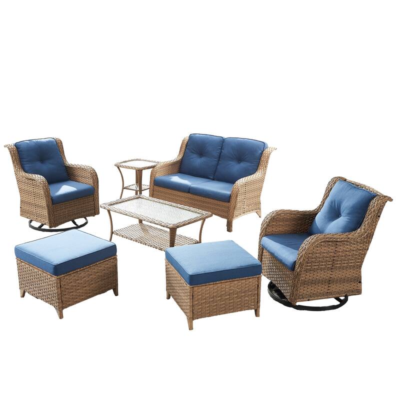 Pocassy Outdoor 7PCS 2-Seat Sofa Swivel Chairs Table Ottoman