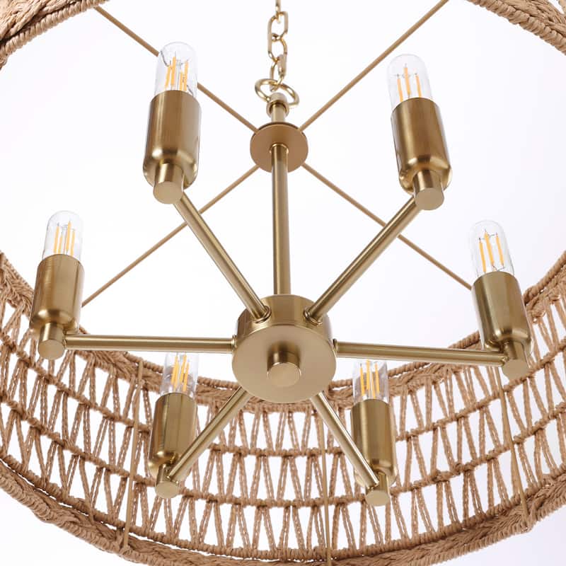 6-Light 19.6-inch Rattan Drum Chandelier for Dining Room Kitchen - 19.68"x7.87"