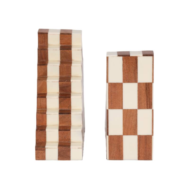 Modern Bookends with Wood and Resin Stair -Step Design - 6" Tan - 6" x 2.75" x 6"