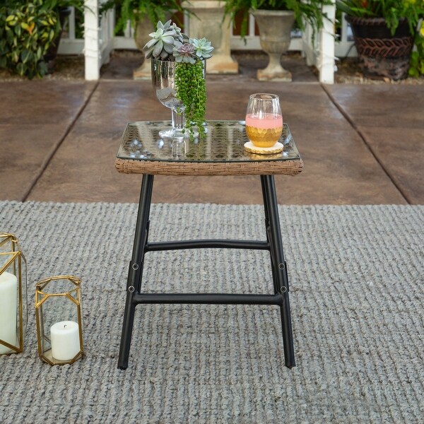 Outdoor Rattan and Metal Side Table with Glass Top. Opens flyout.