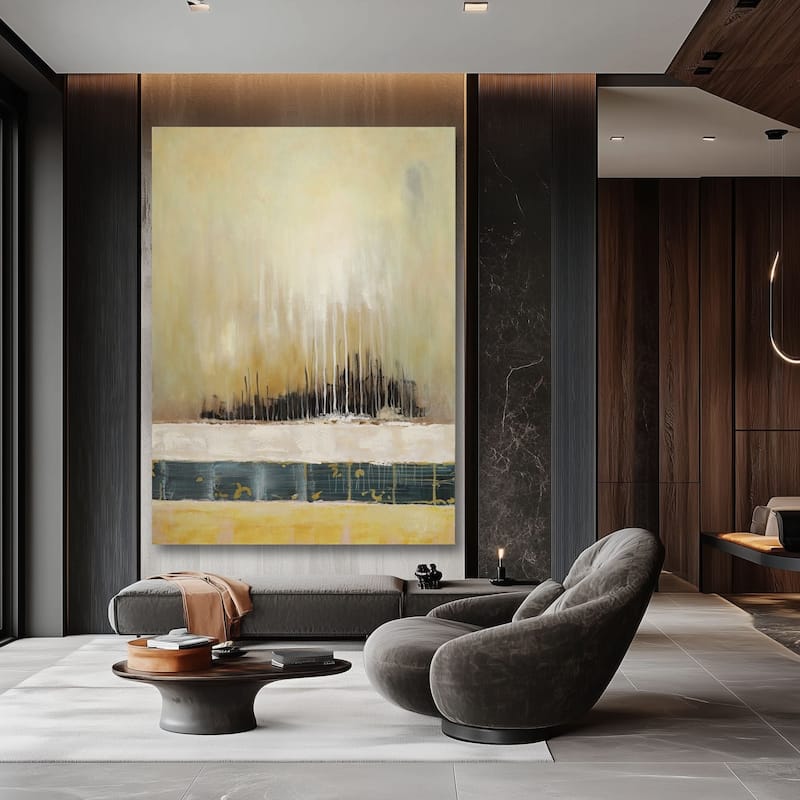 Golden Horizon Hand Painted Abstract Oil Canvas Wall Art 31x47 Inches