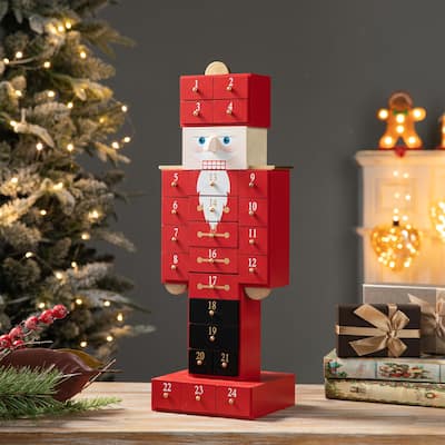 Glitzhome 17.50"H Wooden Christmas Nutcracker Countdown Calendar Decor with Drawer - Red
