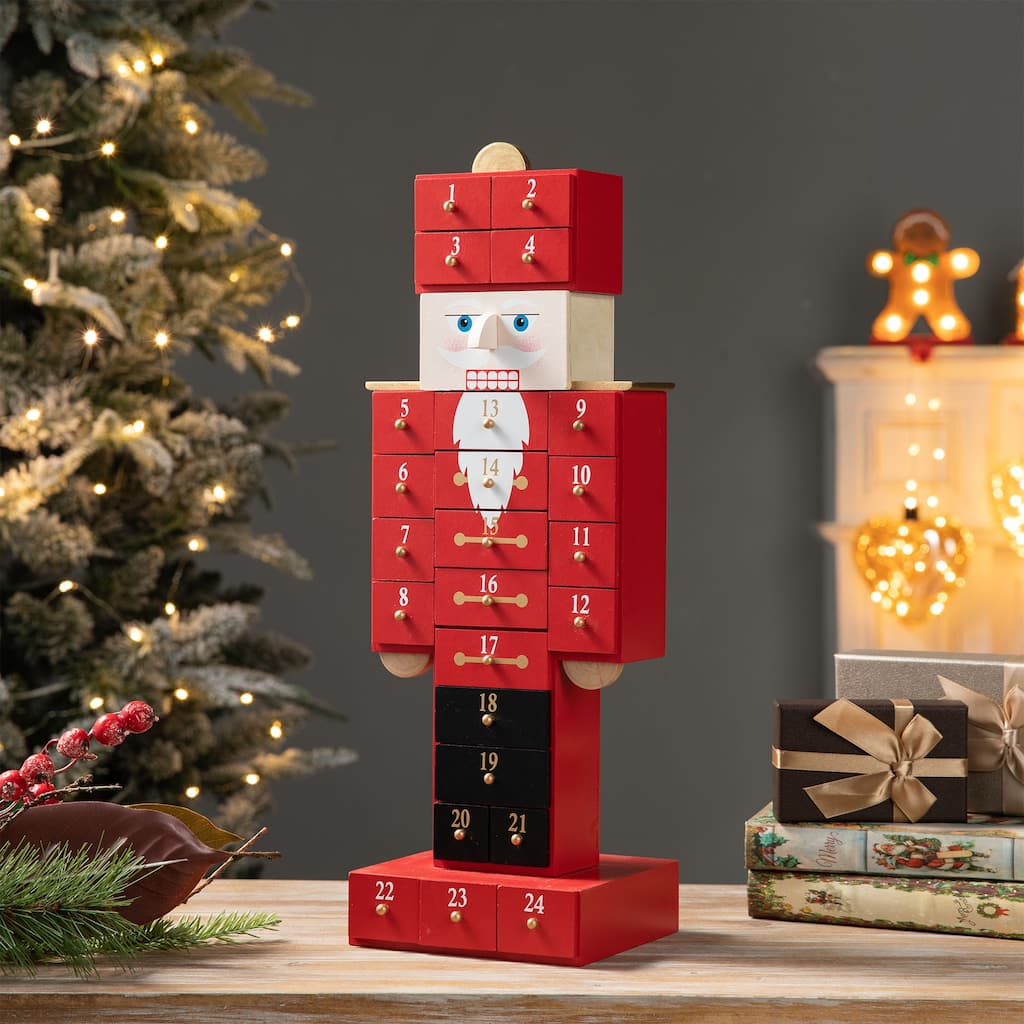 Glitzhome 17.50"H Wooden Christmas Nutcracker Countdown Calendar Decor with Drawer - Red