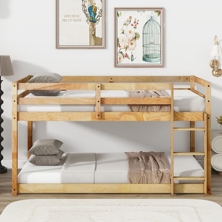 Twin Over Twin Rubber Wood Loft Bed with Ladder and Sturdy Slats